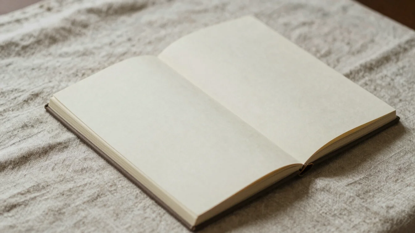 Minimalist desk scene with a journal, a natural linen cloth, and