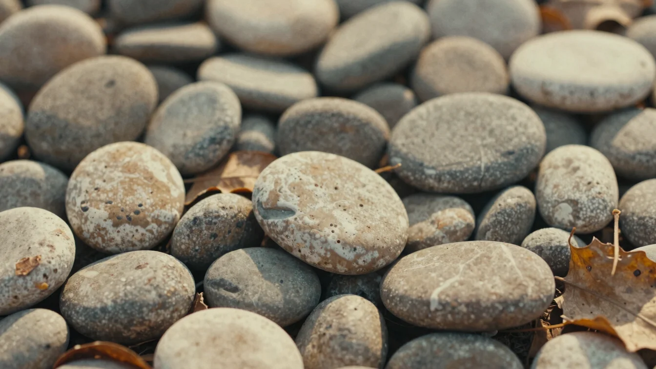Close-up of natural textures like smooth river stones and dried l